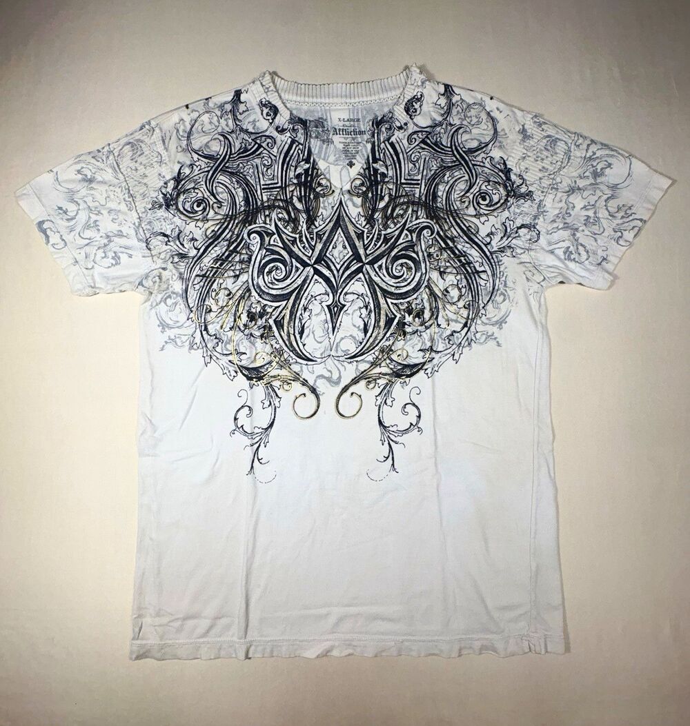 Vintage Y2K Affliction Men's XL White Graphic V-Neck T-Shirt